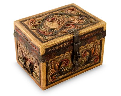 Mohena and leather jewelry box, 'Golden Bird' - Artisan Crafted Tooled Leather Peruvian Jewelry Box