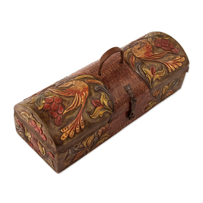 Mohena y caja de cuero. - Caja decorativa de cuero repujado artesanal.