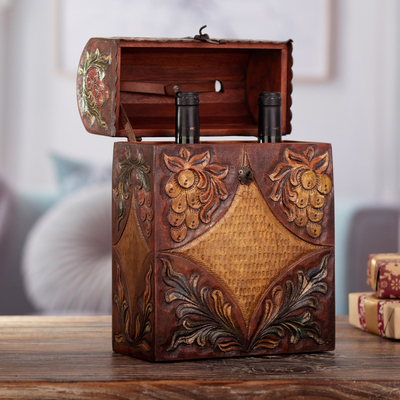 Mohena and leather wine case, 'Colonial Vineyard' - Handcrafted Tooled Leather Wine Case