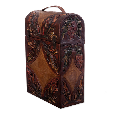 Mohena and leather wine case, 'Colonial Vineyard' - Handcrafted Tooled Leather Wine Case