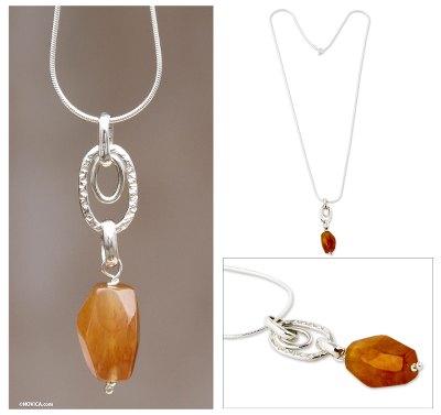 Agate pendant necklace, 'Sunset Glow' - Artisan Made Orange Agate Pendant Necklace