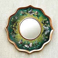 Reverse painted glass mirror, 'Turquoise Butterfly Sky' - Blue and Green Reverse Painted Glass Butterfly Mirror