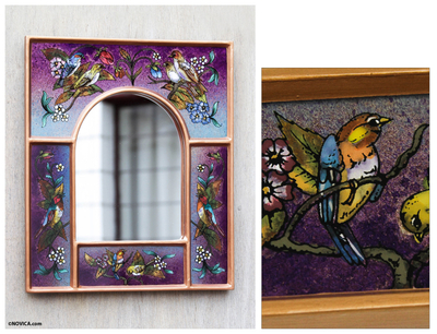 Reverse painted glass mirror, Songbirds on Amethyst