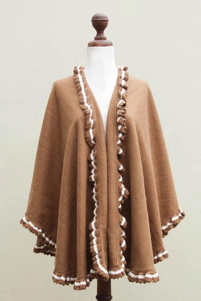 Alpaca blend cape, 'Andean Snow Princess in Cinnamon' - Peruvian Brown Alpaca Blend Ruana Cape with White Trim