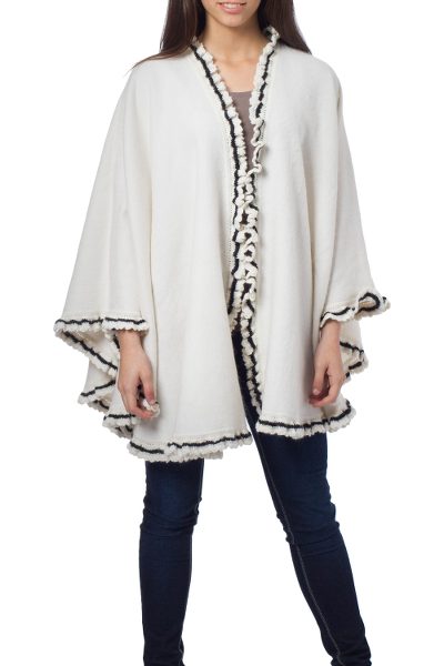 Alpaca blend cape, 'Andean Snow Princess in White' - White Alpaca Blend Ruana Cape with Black Trim