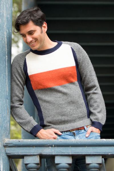 Men's 100% alpaca sweater, 'Gray Color Block' - Men's grey White Orange Alpaca Wool Sweater