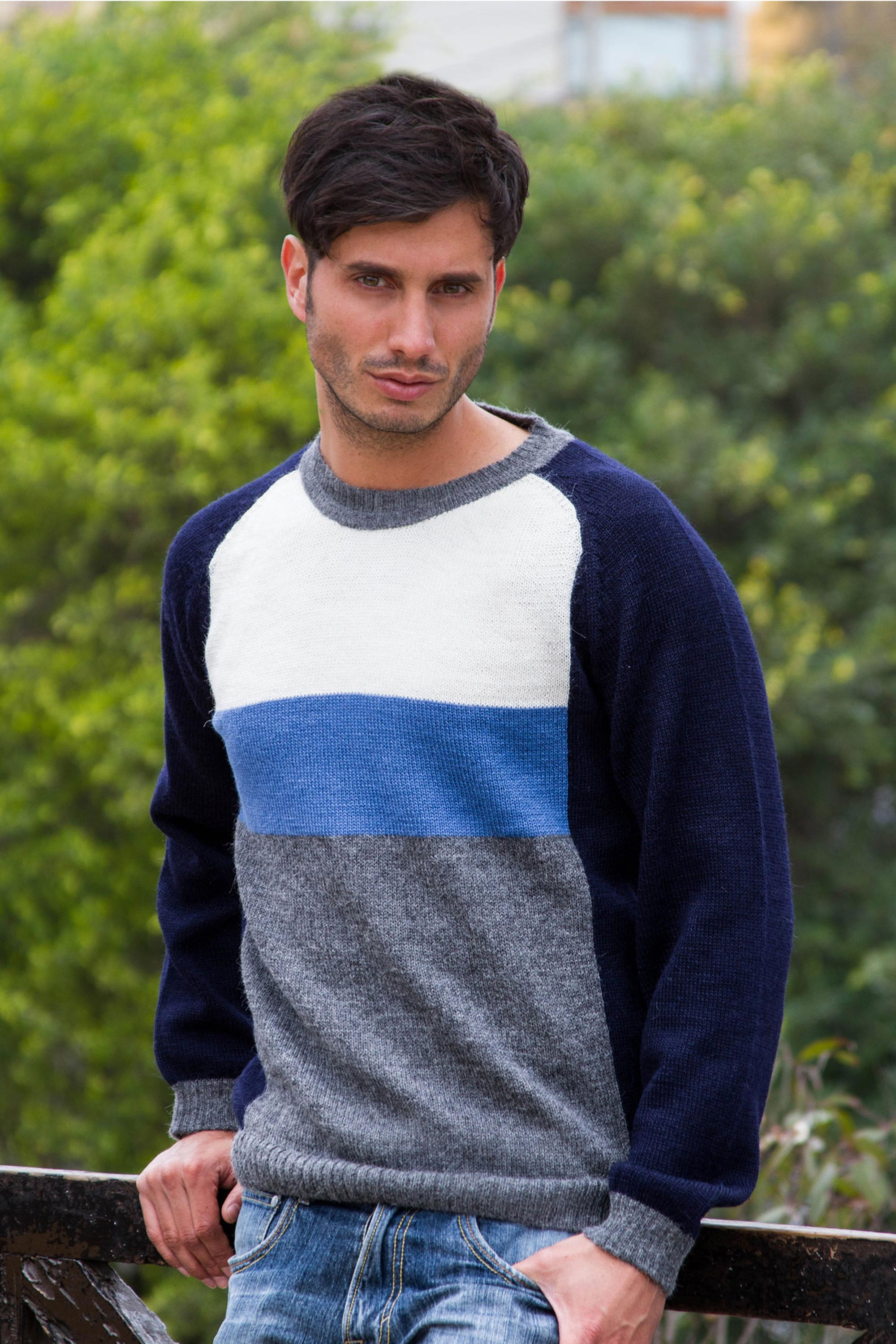 Men's Blue White Gray Alpaca Wool Sweater, 'Marine Color Block'
