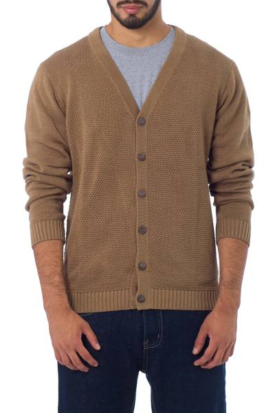 Men's cotton cardigan sweater, 'Desert Sand' - Andes Men's Light Prown Pima Cotton Cardigan Sweater