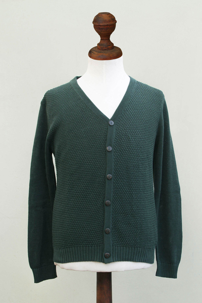 Men's cotton cardigan sweater, 'Villa Nueva' - Andes Men's Green Cotton Cardigan Sweater