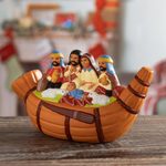 Ceramic nativity scene, 'Christmas in a Reed Canoe' - Artisan Crafted Ceramic Christmas Nativity Scene