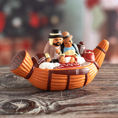 Ceramic nativity scene, 'Bethlehem in a Reed Boat' - Artisan Crafted Ceramic Christmas Figurine