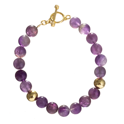 Gold vermeil amethyst beaded bracelet, 'Violet Allure' - Handmade Gold Vermeil Amethyst Bracelet