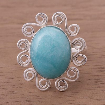 Amazonite cocktail ring, 'Ocean Bloom' - Amazonite on Sterling Silver Ring from Peru
