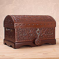 Leather and mohena wood jewelry box, 'Treasure Chest'