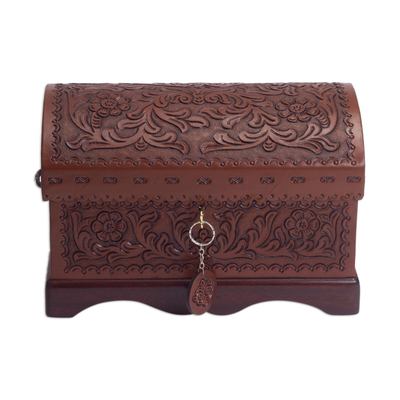 Leather and mohena wood jewelry box, 'Treasure Chest' - Peruvian Tooled Leather Chest for Jewelry