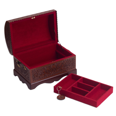 Leather and mohena wood jewelry box, 'Treasure Chest' - Peruvian Tooled Leather Chest for Jewelry