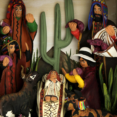 Belén de madera y cerámica - diorama navideño andino