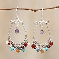 Agate and amethyst chandelier earrings, 'Color Bouquet' - Cultured Pearl and Gemstone Chandelier Earrings
