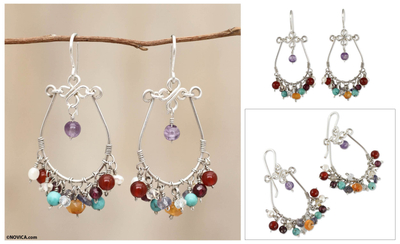 Agate and amethyst chandelier earrings, 'Color Bouquet' - Cultured Pearl and Gemstone Chandelier Earrings