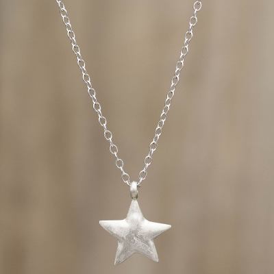 Sterling silver pendant necklace, 'Wishing Star' - Brushed Satin Sterling Silver Necklace