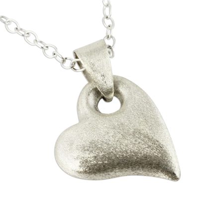 Sterling silver heart necklace, 'Strong Heart' - Brushed Satin Sterling Silver Necklace