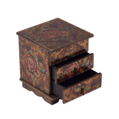 Reverse painted glass jewelry box, 'Eternal Flowers' - Andean Reverse Painted Glass Jewelry Box with Mirror