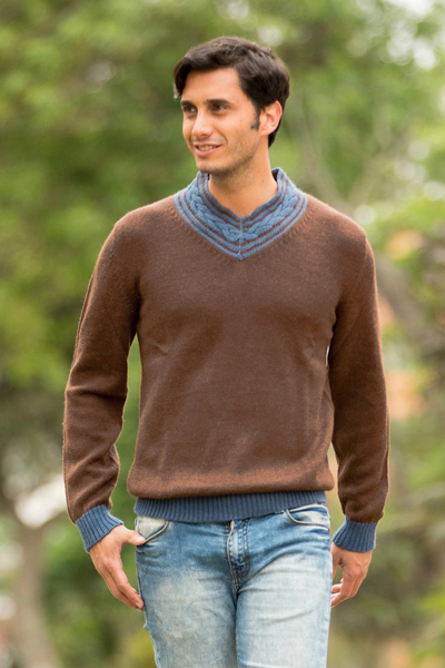 Men's alpaca blend sweater, 'Orcopampa Prowler' - Andean Brown and Blue Alpaca Blend Men's Sweater