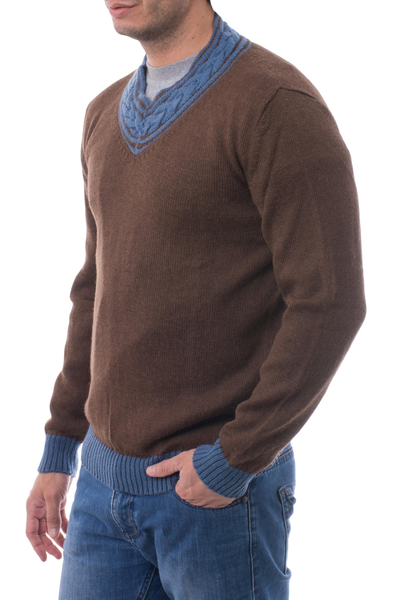 Jersey de hombre en mezcla de alpaca - Suéter de Hombre Mezcla de Alpaca Marrón Andino y Azul