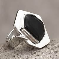 Anillo de cóctel de plata de ley - Anillo de cóctel de plata geométrico con obsidiana negra