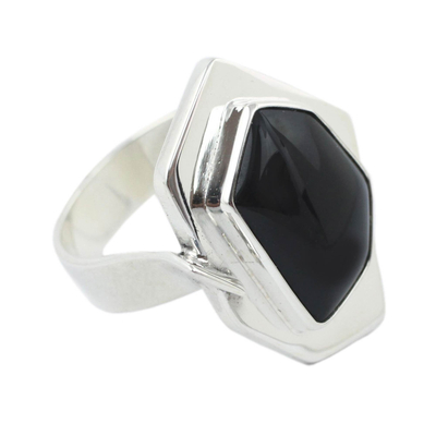 Anillo de cóctel de plata de ley - Anillo de cóctel de plata geométrico con obsidiana negra