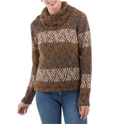 100% alpaca sweater, 'Leaf Shadow' - Leaf Motif Turtleneck Sweater in Browns and Beige