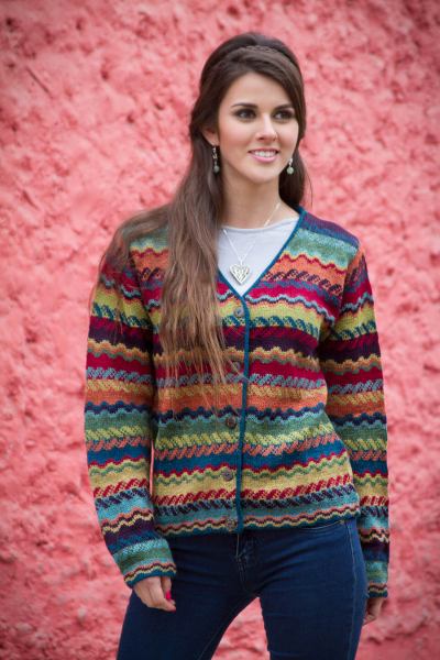100% alpaca cardigan, 'Ayacucho Breeze' - Colorful Alpaca Cardigan with Cedar Buttons