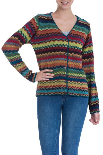 100% alpaca cardigan, 'Ayacucho Breeze' - Colorful Alpaca Cardigan with Cedar Buttons