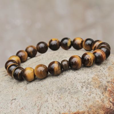 Tiger's eye and ceramic stretch bracelet, 'Inner Fire' - Artisan Crafted Tigers Eye and Ceramic Stretch Bracelet