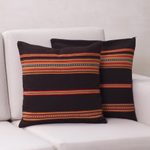 Alpaca blend cushion covers, 'Quechua Girl' (pair) - Handwoven Brown and Orange Cushion Covers (Pair)