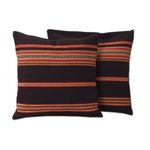 Alpaca blend cushion covers, 'Quechua Girl' (pair) - Handwoven Brown and Orange Cushion Covers (Pair)