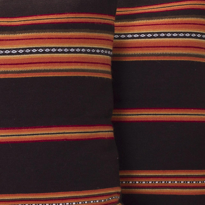 Alpaca blend cushion covers, 'Quechua Girl' (pair) - Handwoven Brown and Orange Cushion Covers (Pair)