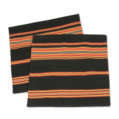 Alpaca blend cushion covers, 'Quechua Girl' (pair) - Handwoven Brown and Orange Cushion Covers (Pair)