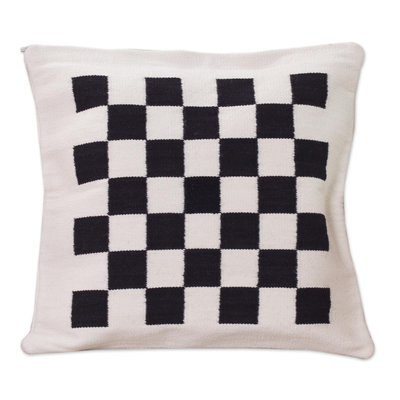 Wool cushion cover, 'Chess' - Handwoven Black and Ivory Chessboard Cushion Cover