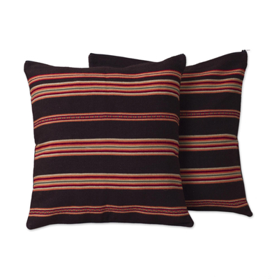 Alpaca blend cushion covers, 'Andean Earth' (pair) - Handwoven Brown and Orange Cushion Covers (Pair)