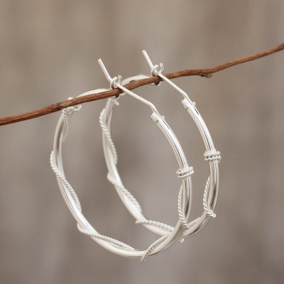 Sterling silver hoop earrings, 'Goddess of Health' - Modern Handmade Sterling Silver Hoop Earrings