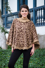 Alpaca blend poncho, 'Tan Foliage' - Tan and Brown Turtleneck Alpaca Blend Poncho with Lace