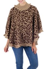 Alpaca blend poncho, 'Tan Foliage' - Tan and Brown Turtleneck Alpaca Blend Poncho with Lace