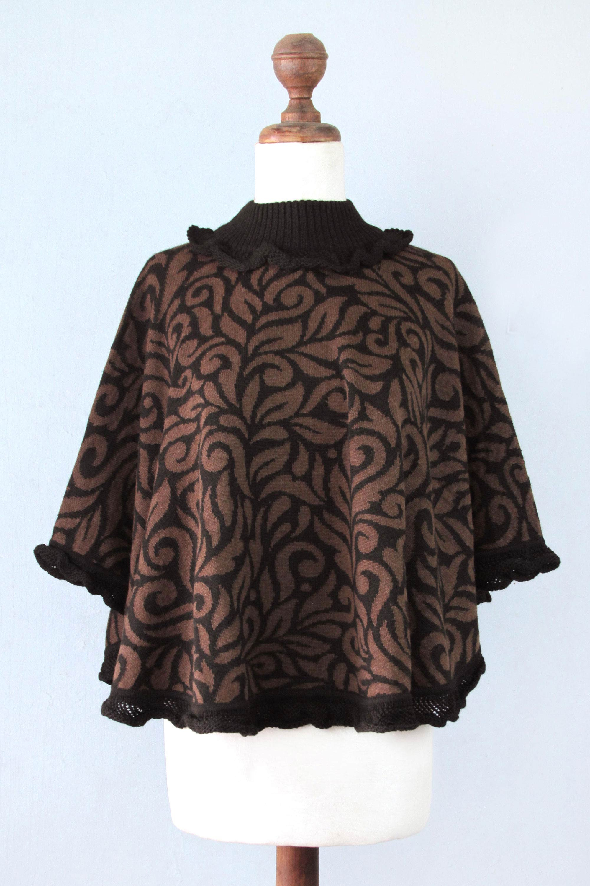 Brown and Black Turtleneck Alpaca Blend Poncho with Lace - Coffee ...