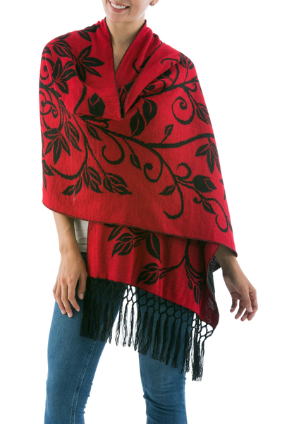 Reversible alpaca blend shawl, 'Scarlet Leaves' - Reversible Red and Black Alpaca Blend Shawl