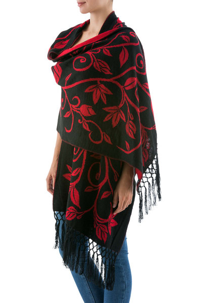 Reversible alpaca blend shawl, 'Scarlet Leaves' - Reversible Red and Black Alpaca Blend Shawl
