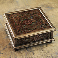 Reverse painted glass box, 'Coffee Blossom' - Andean Reverse Painted Glass Box in Brown with Golden Trim