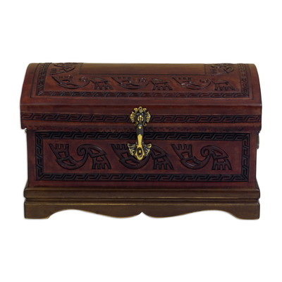 Mohena wood and leather jewelry box, 'Dark Inca Sea' - Dark Brown Leather Jewelry Chest from Peru