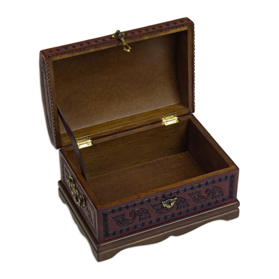 Mohena wood and leather jewelry box, 'Dark Inca Sea' - Dark Brown Leather Jewelry Chest from Peru