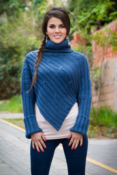 Alpaca blend sweater poncho, 'Cuzco Sky' - Blue Alpaca Blend Sweater Poncho from Peru
